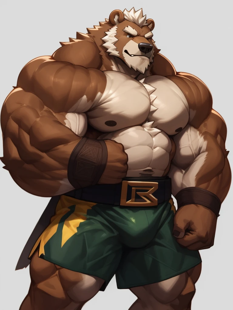 solo, 1boy, Huge Muscular Old Grizzly Bear wearing kickboxing MMA belt , thick pectoral, thick arms, huge pectoral, wide pectoral, hige brown fur, short white hair, MMA shorts and shirtless, bearded, simple background, masterpiece, semirealistic:1.2, high detailed, 8k, high resolution