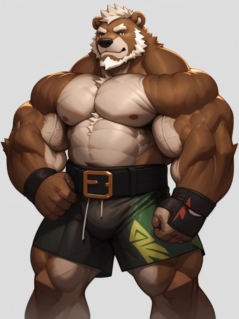 solo, 1boy, Huge Muscular Old Grizzly Bear wearing kickboxing MMA belt , thick pectoral, thick arms, huge pectoral, wide pectoral, hige brown fur, short white hair, MMA shorts and shirtless, bearded, simple background, masterpiece, semirealistic:1.2, high detailed, 8k, high resolution