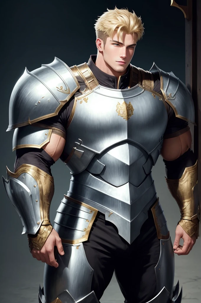 An armored college boy.   He is covered in full knight armor and holds a sword.  Hulking upper body with wide shoulders and a very thin waist (28 inch waist).  Tall young man.  Massive chest with plump pectorals. Giant, powerful chest.  Massive, muscular arms with giant, plump biceps and giant triceps. He wears a full suit of armor. White, German ethnicity, and styled golden blonde hair. Extremely handsome young nan with beautiful eyes and a beautiful smile.