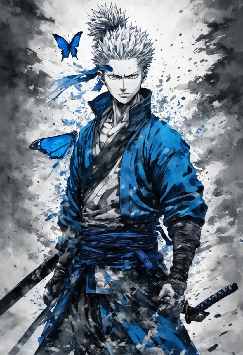Ink and ink painting,Black and white painting,splash,Beautiful detailed glass hair,Jujutsu Kaisen,Itadori Yuuji,samurai armor,(Blue Butterfly々,Feather powder),