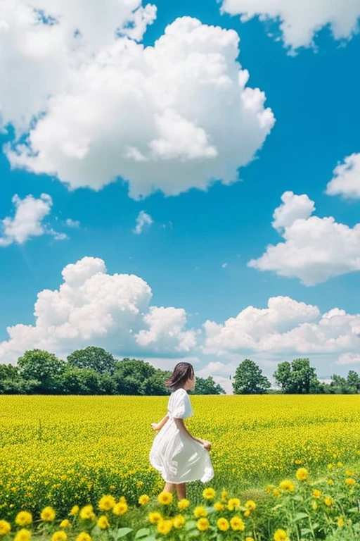 Background of a rural train running through a sunflower field、Girl in white short-sleeved dress、A large cumulonimbus cloud in the summer sky、