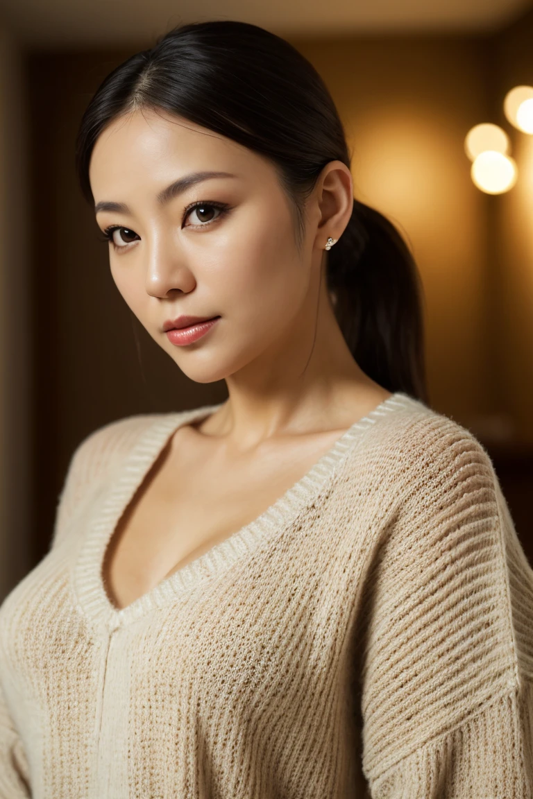 Portrait of a middle-aged Taiwanese woman, 40 years old, cute face, Slim, Tortitz, (big sagging:1.1), huge nipples, wear (Sexy sweater:1.2), Bokeh background, Simple background, (highly refined skin:1.0), (masterpiece:1.2) (lifelike:1.2) (Bokeh) (best quality) (intricate details) (8K) (high dynamic range) (analog film) (canon d5) (movie lighting) (sharp focus),kneeling