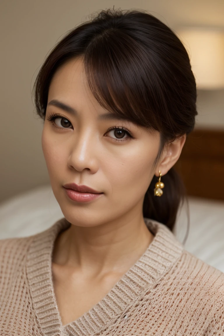 Portrait of a middle-aged Taiwanese woman, 40 years old, cute face, Slim, Tortitz, (big sagging:1.1), huge nipples, wear (Sexy sweater:1.2),, Bokeh background, Simple background, (highly refined skin:1.0), (masterpiece:1.2) (lifelike:1.2) (Bokeh) (best quality) (intricate details) (8K) (high dynamic range) (analog film) (canon d5) (movie lighting) (sharp focus),tie a ponytail,Lying in bed