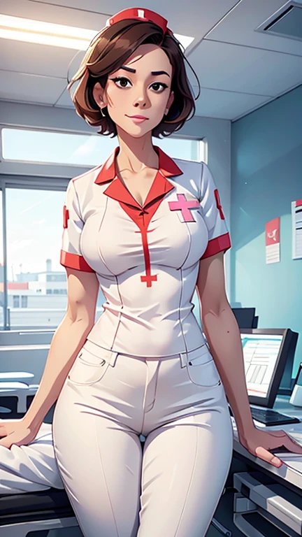tall girl, short hair, linda, happy nurse works in a hospital, nurse shirt, white nurse pants, futuristic design,