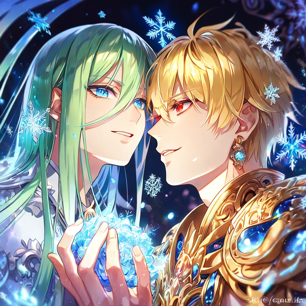 (absurdres, highres, ultra detailed, HDR) master piece, best quality, extremely detailed face, Gilgamesh, blonde hair, expressive red eyes, Fate Grand Order, Enkidu, light-green hair, expressive blue eyes, two sexy men together, yaoi, gay couple, handsome, magical fantasy, glittering, sparkling, blue roses, radiant, blue sparkling fireflies, blue fire, envy magical, snowflakes, ice