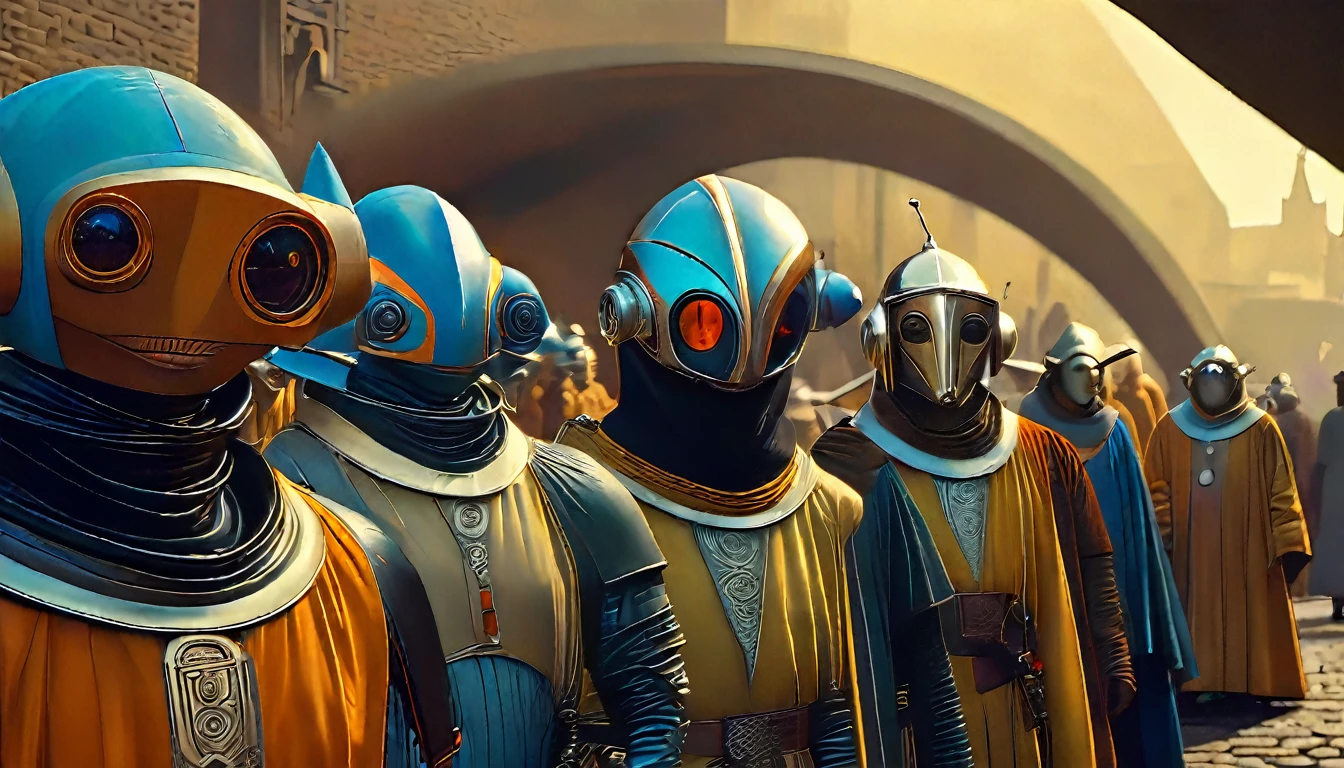 In portrait, characters inspired by the Start Wars universe by Ralph McQuarrie and Dan McPharlin, Wayne Barlowe in a Middle Ages setting, as robots, exotic alien beings interacting with people, inspired by Hieronymus Bosch and Shaun Tan. Directed by George Lucas. ((cinematic film)), ultra detailed, intricate, sharp focus, object texture, Studio photo, detalhes intricates, highly detailed, in Real Photo style, hyper-realistic, High dynamic range, rich colors, Realistic textures, 8K uhd , high color depth, Nikon D 850 |, Porta Kodak 400, fujifilm XT |