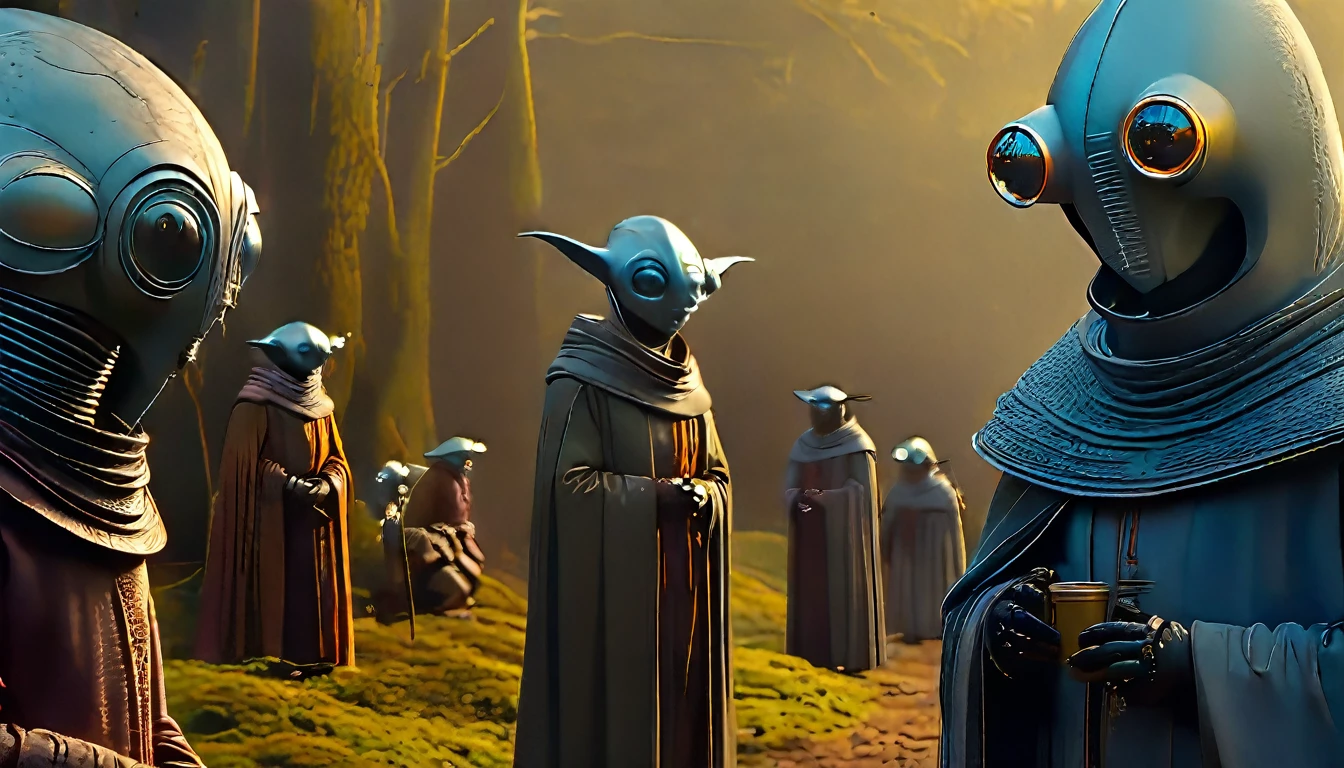 In portrait, characters inspired by the Start Wars universe by Ralph McQuarrie and Dan McPharlin, Wayne Barlowe in a Middle Ages setting, as robots, exotic alien beings interacting with people, inspired by Hieronymus Bosch and Shaun Tan. Directed by George Lucas. ((cinematic film)), ultra detailed, intricate, sharp focus, object texture, Studio photo, detalhes intricates, highly detailed, in Real Photo style, hyper-realistic, High dynamic range, rich colors, Realistic textures, 8K uhd , high color depth, Nikon D 850 |, Porta Kodak 400, fujifilm XT |