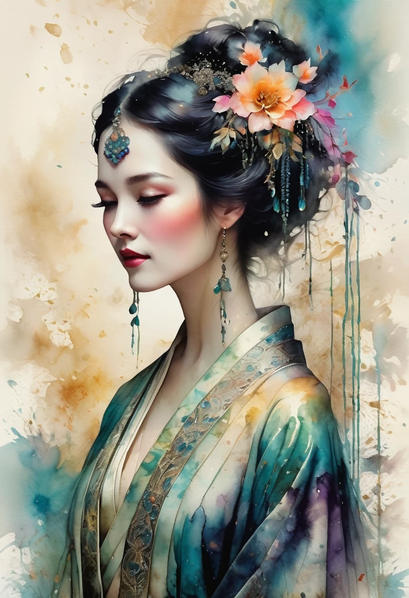 a beautiful empress, porcelain skin, long black hair, ornate traditional robe, Harrison Fisher and Catrin Welz-Stein art style, vivid colors, highly detailed, full body portrait, cinematic lighting, dramatic pose, elegant, graceful, regal, intricate details, masterpiece, photorealistic, 8k, best quality