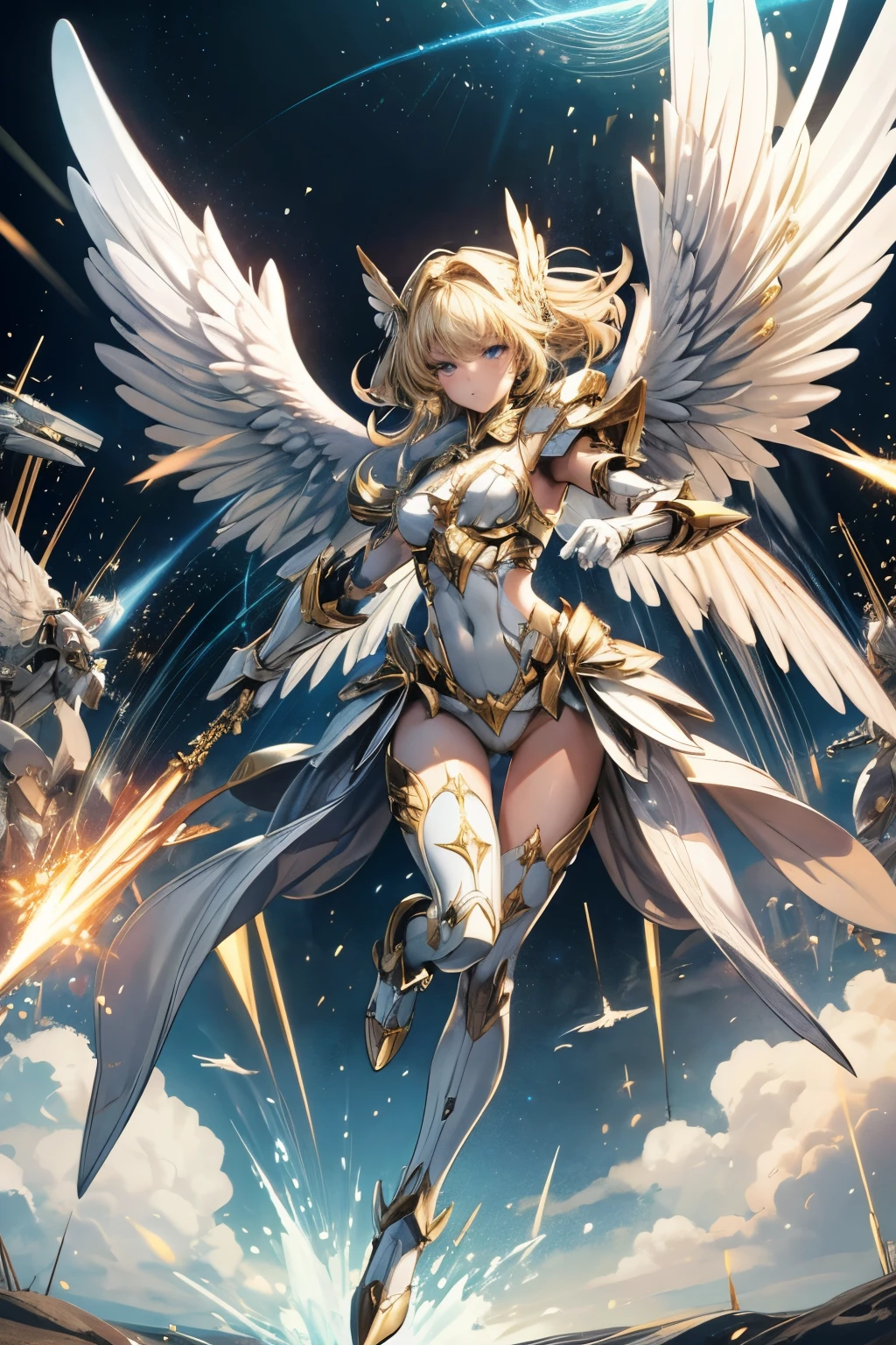 masterpiece,Highest quality,Very detailed,Angel fighting in the air,Blonde,Beautiful and detailed eyes,skinny,Small breasts,Beautiful shining white wings,White Mecha Armor, full body,battlefield,Tense atmosphere
