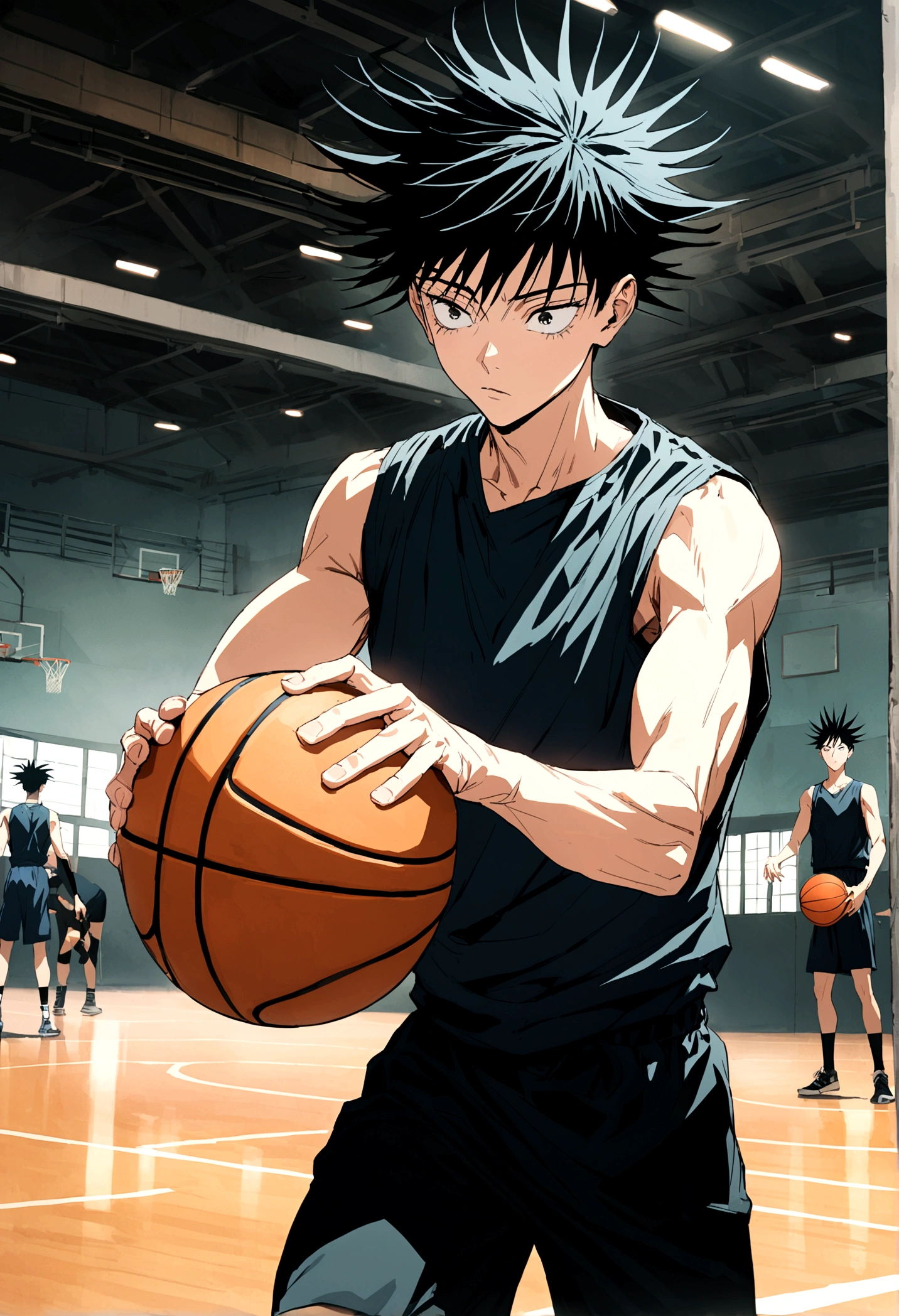 Toji Fushiguro, from the anime Jujutsu Kaisen, playing basketball in the gym 