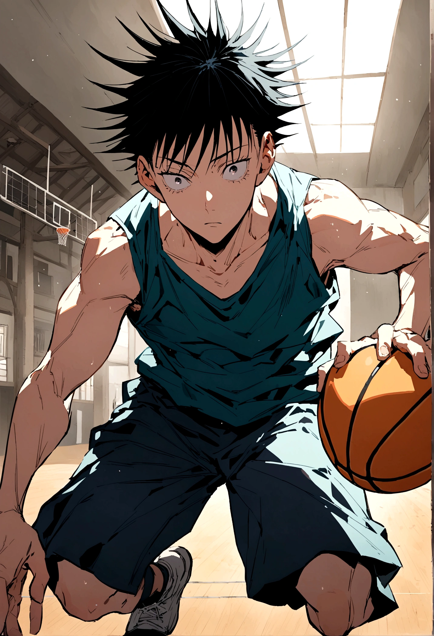 Toji Fushiguro, from the anime Jujutsu Kaisen, playing basketball in the gym