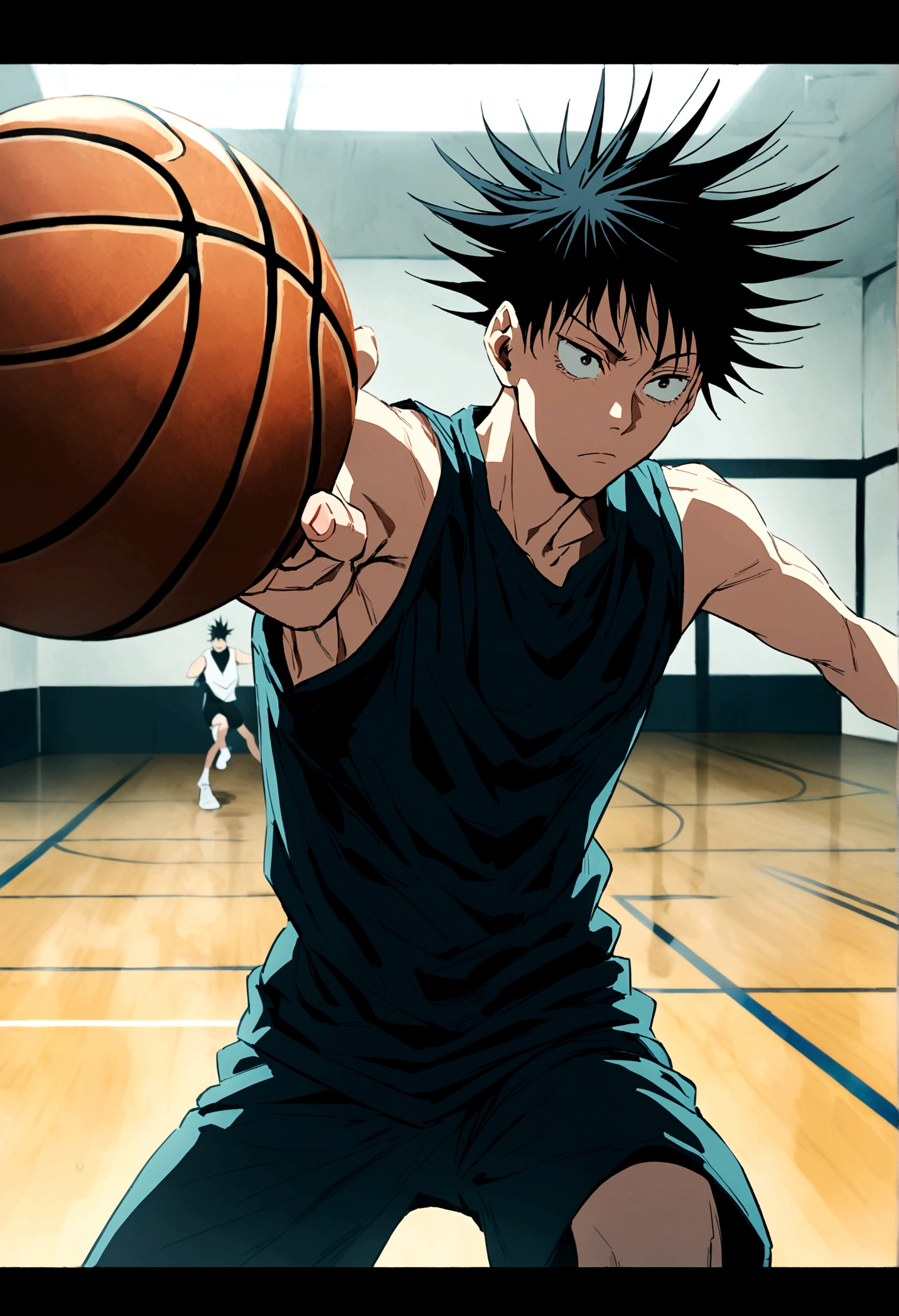 Toji Fushiguro, from the anime Jujutsu Kaisen, playing basketball in the gym