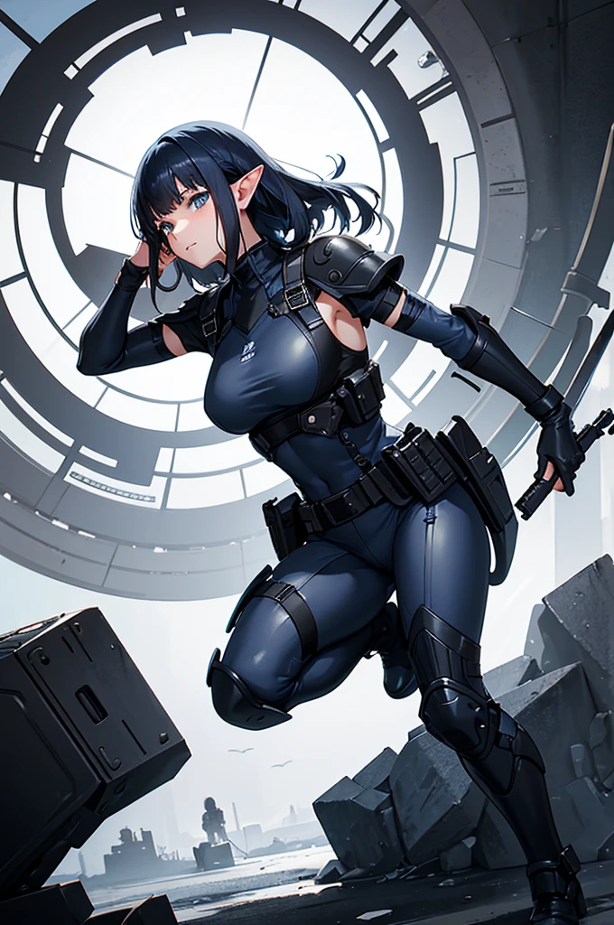 Create a high-quality image featuring an elf girl with dark navy blue hair and straight-cut bangs. She is a member of a special forces police unit, holding an assault rifle. The background should feature a city inside a dome, with a black armored vehicle beside her. The image should be in a vertical aspect ratio.
