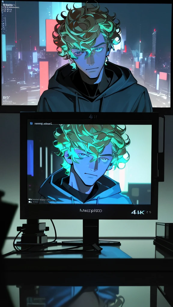 a hacker late teenager boy, cyberpunk, young boy, sexy, blonde hair, blue hoodie, detailed face, sharp eyes, beautiful boy, pretty face, sexy, curly hair, smirk, glowing computer screens, neon city lights, futuristic technology, moody lighting, cinematic atmosphere, dark colors, gritty urban environment, realistic 3D render, (best quality,4k,8k,highres,masterpiece:1.2),ultra-detailed,(realistic,photorealistic,photo-realistic:1.37)