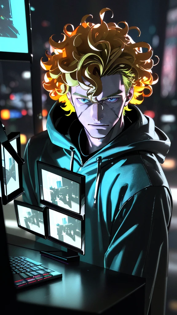 a hacker late teenager boy, cyberpunk, young boy, sexy, blonde hair, blue hoodie, detailed face, sharp eyes, beautiful boy, pretty face, sexy, curly hair, smirk, glowing computer screens, neon city lights, futuristic technology, moody lighting, cinematic atmosphere, dark colors, gritty urban environment, realistic 3D render, (best quality,4k,8k,highres,masterpiece:1.2),ultra-detailed,(realistic,photorealistic,photo-realistic:1.37)