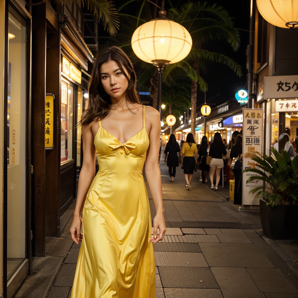 Female supermodel. Yellow evening dress. Dim, soft lighting. Sunset. Sunset.Musashi-Koyama Shopping Street “Palm”, Tokyo, Japan.