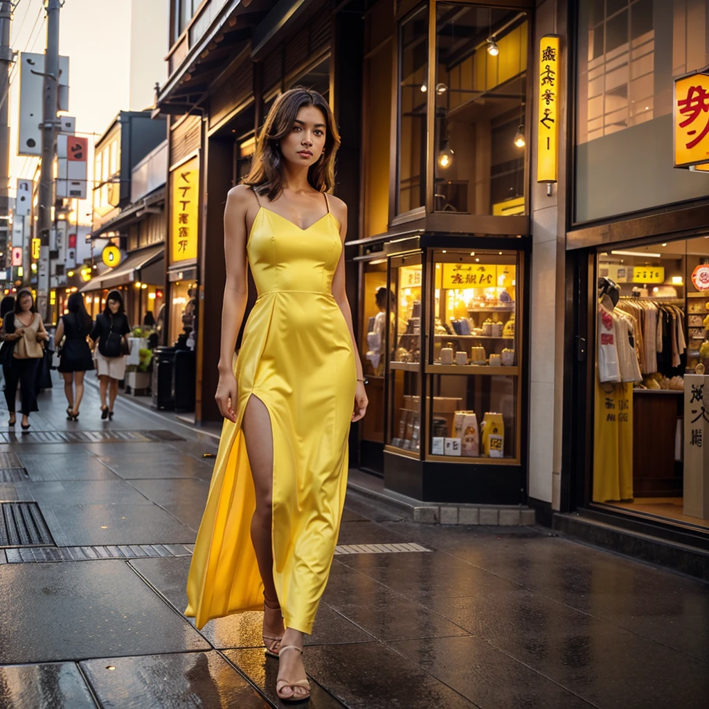 Female supermodel. Orange evening dress. Dim, soft lighting. Sunset. Sunset.Musashi-Koyama Shopping Street “Palm”, Tokyo, Japan. 