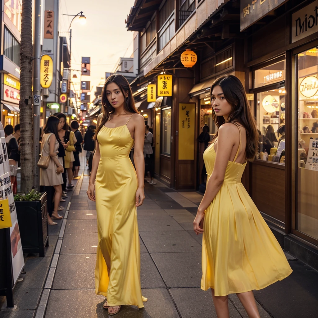 Female supermodel. Orange evening dress. Dim, soft lighting. Sunset. Sunset.Musashi-Koyama Shopping Street “Palm”, Tokyo, Japan. 