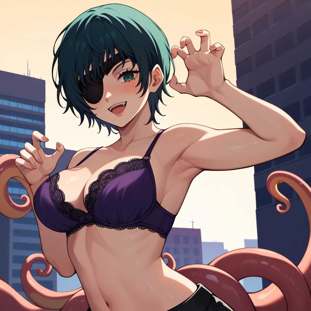 mature female, mature, Adult, himeno, himeno(Chainsaw Man), 1girl, black hair, short hair, eyepatch, solo, seductive smile, grin, nsfw, Villains, claw pose, Raise arms, Open mouth, blush, aroused, in heat, chest, View your audience, Night town, City, Dark, purple bra, octopus printed, masterpiece, Top animation quality，Top image quality,