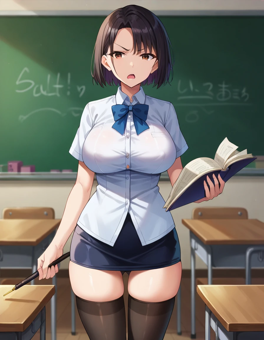 score_9, score_8_up, score_7_up, score_6_up, score_5_up, score_4_up, BREAK, source_anime, anime screencap, anime coloring, detailed face, a stiff-looking beautiful female teacher, detailed beautiful big brown eyes, huge breasts, 36 years old, milf, black hair, skinny, One length medium bob hair, asymmetry_bangs, forehead, hair behind ear, Wears glasses, white blouse, (button gap:0.6), short sleeves, (erect nipples:0.6), black micro skirt, skintight, zettai ryouiki thighhighs, teaching in front of the blackboard, holding a indicator stick and a textbook, serious, open mouth, classroom, thigh gap, many students