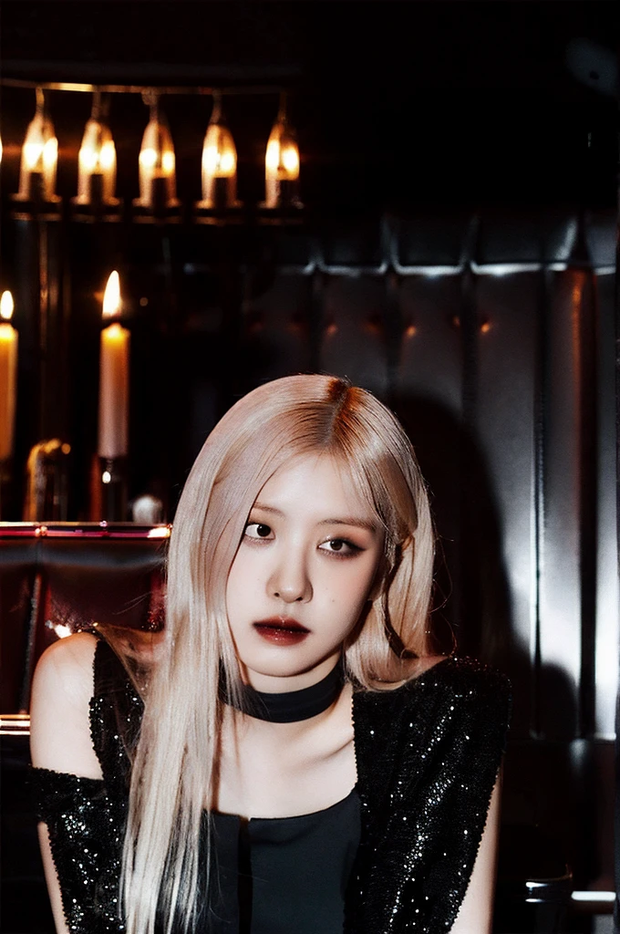 Vampire girl, cool, blonde hair, guitar in the background, dark vibe