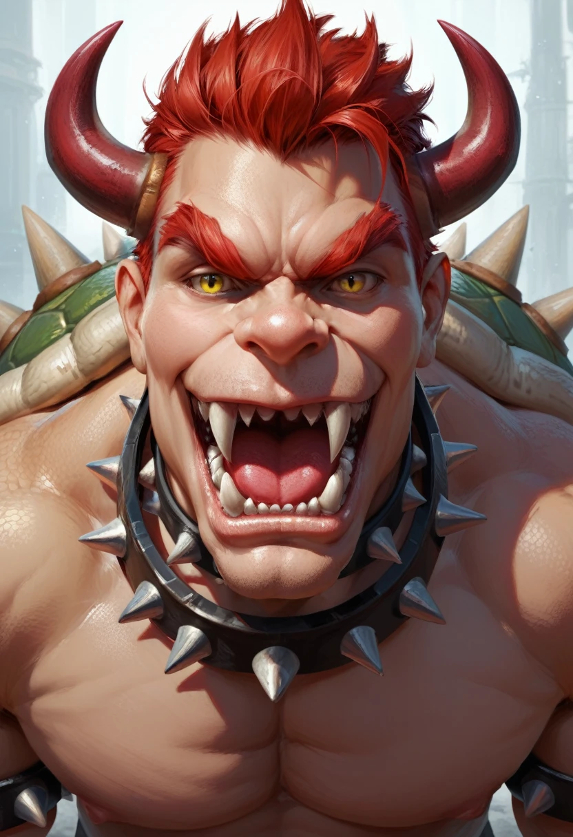 score_9, score_8_up, score_7_up, solo, looking at viewer, open mouth, 1boy monster, yellow eyes, male focus, red hair, horns, teeth, collar, no humans, fangs, sharp teeth, spikes, realistic, scales, bowser