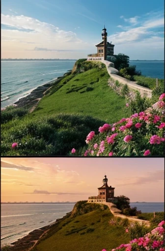 I want a tower covered in rose bushes seen from a ground level perspective that is located on the side of a cliff and that the background is the sea that looks deteriorated and abandoned but the image has a tinge of nostalgia 