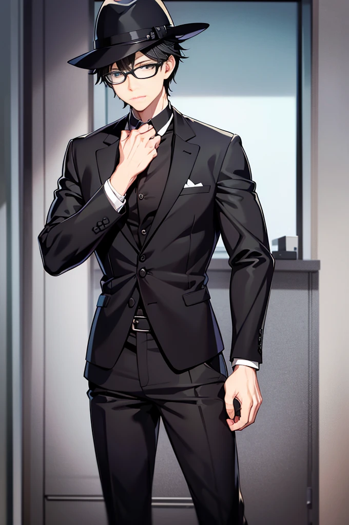 Young man, black shorts hair, eyes gray, glasses, black Fedora hat, black suit, black pants, pocket clock, strong