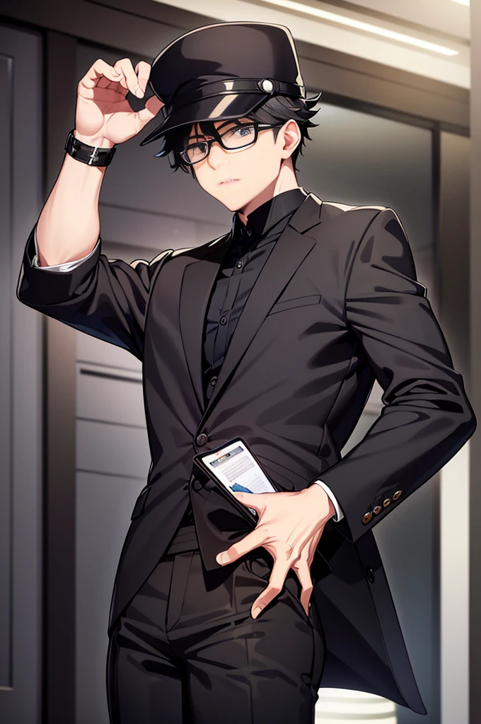 Young man, black shorts hair, eyes gray, glasses, black Fedora hat, black suit, black pants, pocket clock, strong