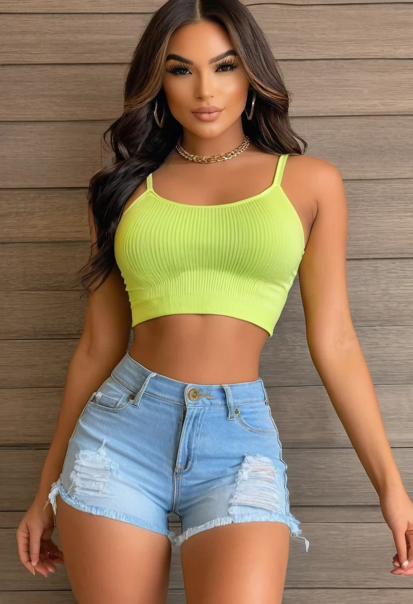 ((high quality:1.2)), work of art, (8k), extremely detailed, ((High detail:1.2)), ((best resolution:1.4)), (HotLexi woman), Solo, 24 years old female, (crop top, mini-shorts),