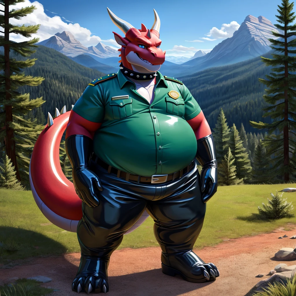 solo, full body, Male, fat, extremely obese, Dragon, park ranger, trousers, outdoor, park ranger uniform, collared shirt with buttons, blue eyes, (soft shading), 4k, hi res, ((detailed face, detailed)), looking at viewer, evil grin, Dragon is wearing the collared shirt and leather collar at the same time, Dragon is wearing a glossy leather dog collar around the neck with silver studs around the collar, Dragon is wearing white rubber gloves on the hands, white rubber gloves on the feet, gloves are rubber in texture, leather collar is shiny, leather collar is extremely detailed, rubber gloves are glossy, Evergreen pine forest and mountains national park in the background, Environmental protection area.