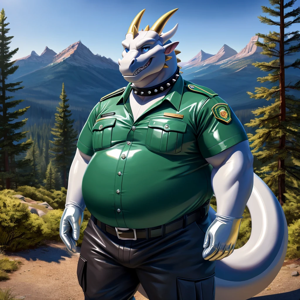 solo, full body, Male, fat, extremely obese, Dragon, park ranger, trousers, outdoor, park ranger uniform, collared shirt with buttons, blue eyes, (soft shading), 4k, hi res, ((detailed face, detailed)), looking at viewer, evil grin, Dragon is wearing the collared shirt and leather collar at the same time, Dragon is wearing a glossy leather dog collar around the neck with silver studs around the collar, Dragon is wearing white rubber gloves on the hands, white rubber gloves on the feet, gloves are rubber in texture, leather collar is shiny, leather collar is extremely detailed, rubber gloves are glossy, Evergreen pine forest and mountains national park in the background, Environmental protection area.