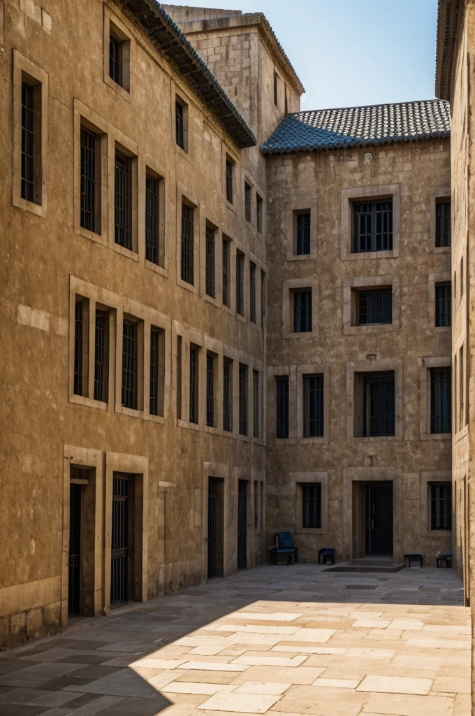 a prison with many sad men inside it chatting in a visiting courtyard with their families. The image must be horizontal