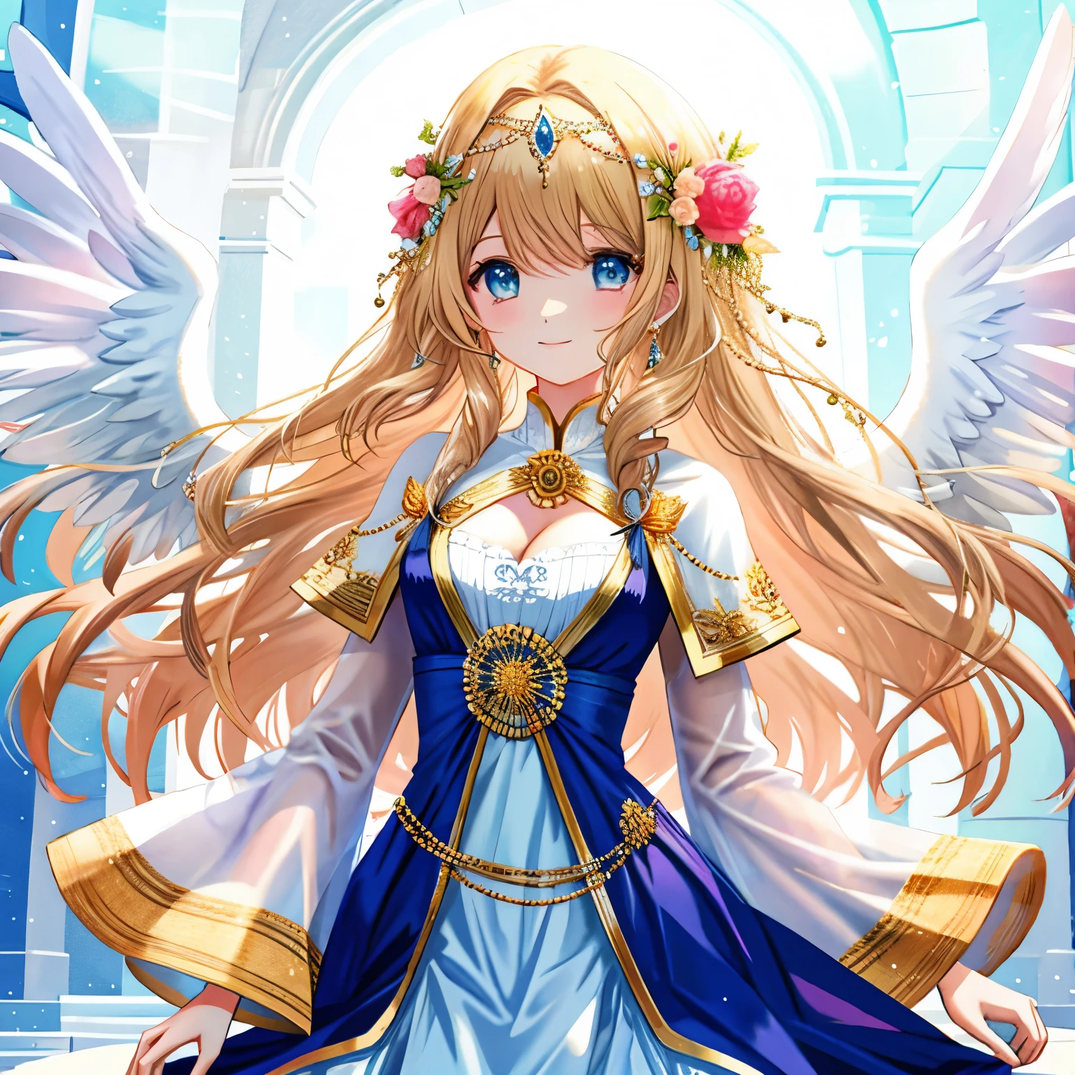 (4K、High resolution image quality、Detailed light、Detailed Shadows、Detailed Design)、1 girl、whole body、Blonde、Long Hair、Straight Hair、Fantasy、Blue and white outfit、((Modest chest、Small breasts))、Angel、((Valkyrie))、Decoration on the head、Angelの大きな羽、god々Shii、Floating in the sky、