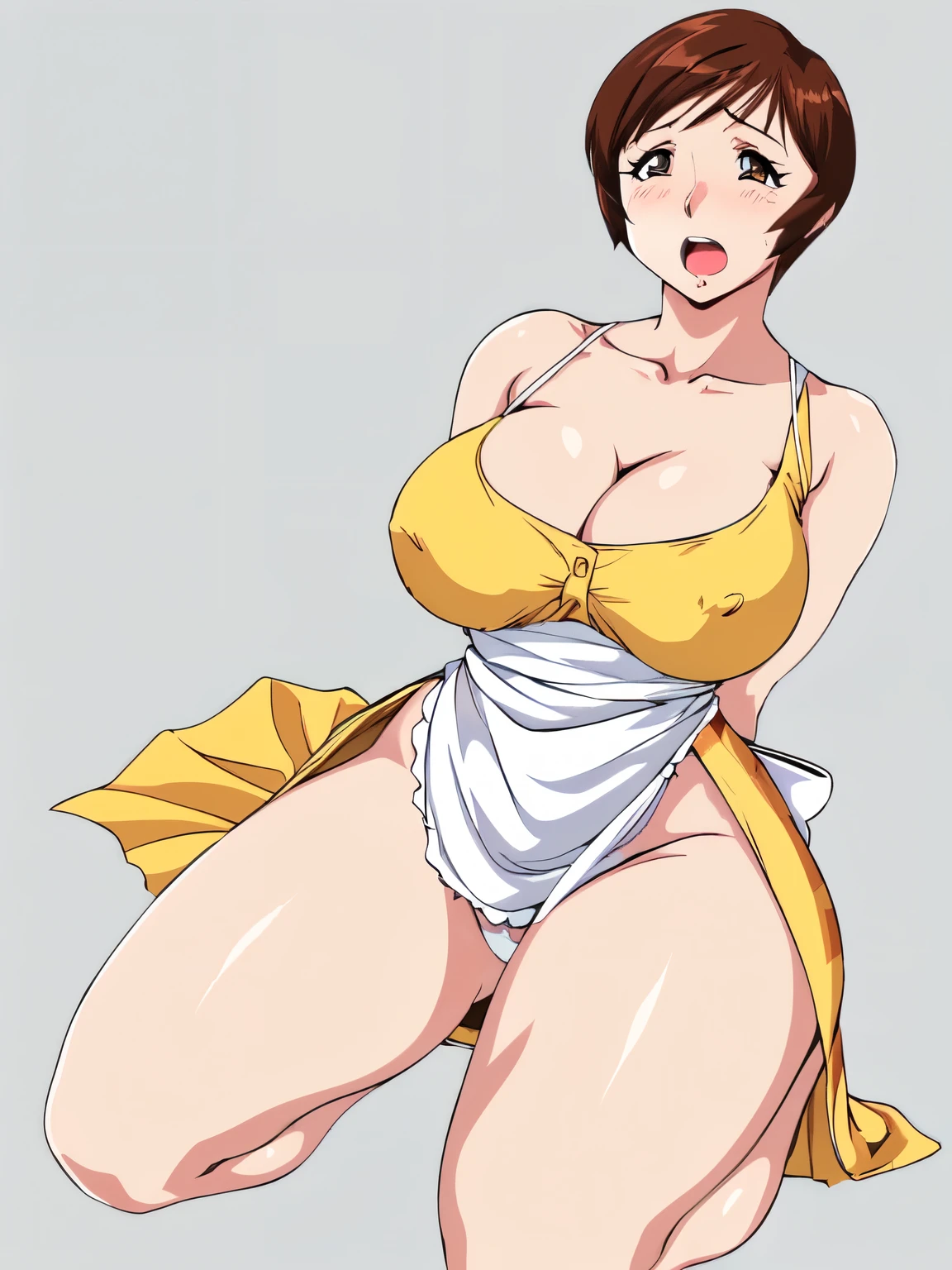 masterpiece, highest quality, High resolution, One girl, solo, sexual intercourse, Pornographic images, short hair, etsukoto, brown Eyes, fine grain, fine grain, (((Thick thighs, Plump thighs, Voluptuous thighs, Thighs alone are enough))), Huge and ample breasts, Cleavage, big long breasts, Naughty big,((big breasts are important))、((Naughty thighs)), L Cup, (thin:1.4),(Tight waist:1.4),  (yellow micro dress:1.4), ((white waist apron)), anguish, open mouth, blush, white panties,  (((Simple Background))), ((Wide Hips)), Shiny, Oily skin, Mature mother, Calf, Seductive mature woman, milf, Perfect body, Plus Size Model, curvy, ample, etsukoto, blush, clavicle, retro artstyle, 1990s (style), (thick thighs:1.4), Bare legs, kneeling, ((arms behind back)), (from side:0.7), nsfw,