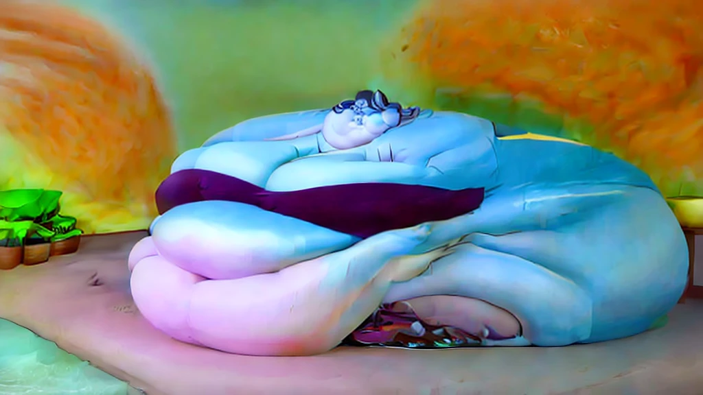 A morbidly obese beautiful and gorgeous female arctic wolf with long hair and eyelashes and nails,fat arms, fat legs and belly rolls,small feet , coloured nails, sitting in bed, huge belly, chubby cheeks, double chin,fat rolls, fat neck,huge breasts , hyper, hyper blob, hyper blob, long nipples