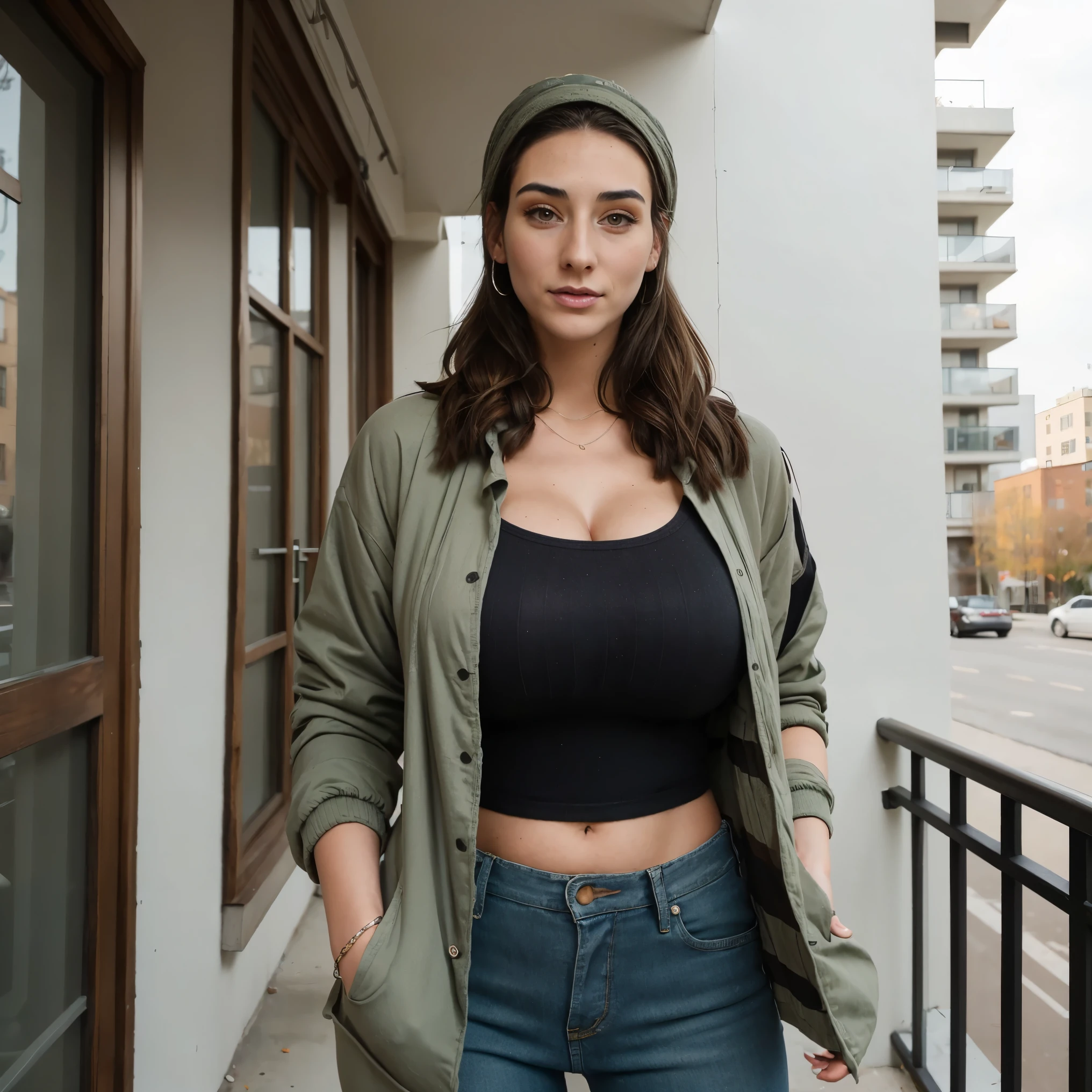 Extremely busty thin and toned brunette photographer, college girl, fair skin, loose side braid, soft face, athletic, bandana babushka headwrap, tight olive green casual windbreaker, skinny jeans. standing in front of her apartment building, outdoors, city, camera bag, cleavage