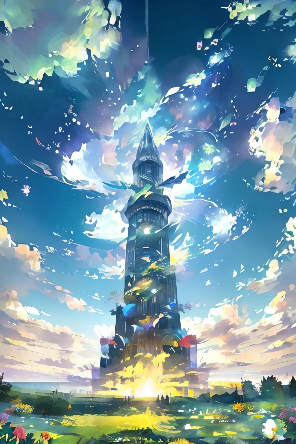 work of art, conceptual artwork, panorama, At the center, 人物, wide plan, flowers garden, natta, (Meteors), Background with Aion Tower of Eternity, (magnificent composition, Epic Proportions), dynamic lighting, shiny colors, Blue, green and white landscape, 4 heróis At the center