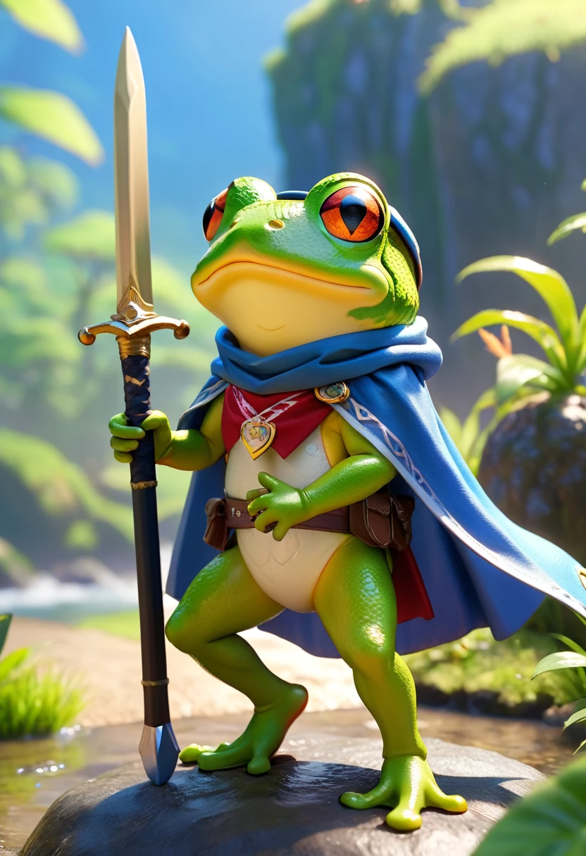 Esbian all over、Cool Frog、Pop Frog、Diorama、Simple Background、bandana、Holding a big sword in his hand、Brave、Cape、Best Quality, Capture the cutest moments, Depth of written boundary, Super detailed, Ultra-high resolution, Octadale, 8k, 16km race