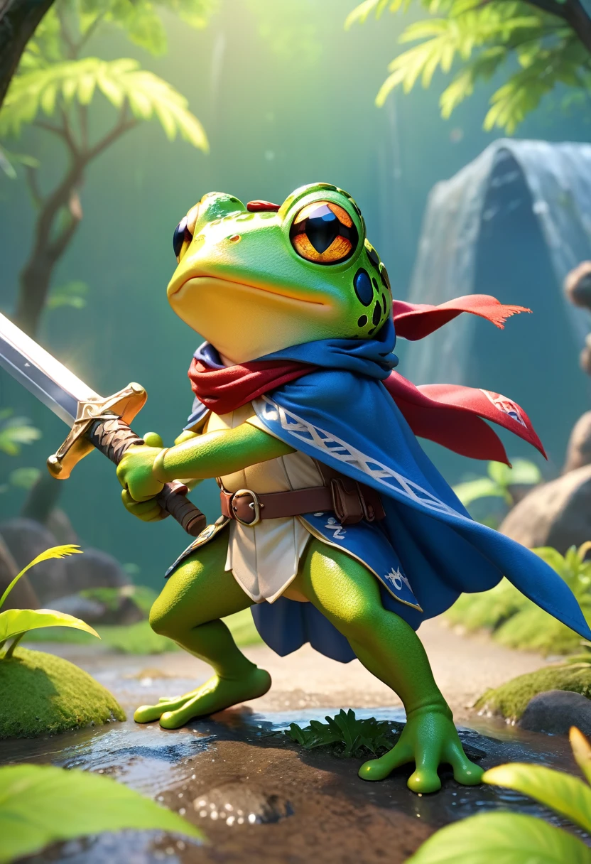Esbian all over、Cool Frog、Pop Frog、Diorama、Simple Background、bandana、Holding a big sword in his hand、Brave、Cape、Best Quality, Capture the cutest moments, Depth of written boundary, Super detailed, Ultra-high resolution, Octadale, 8k, 16km race