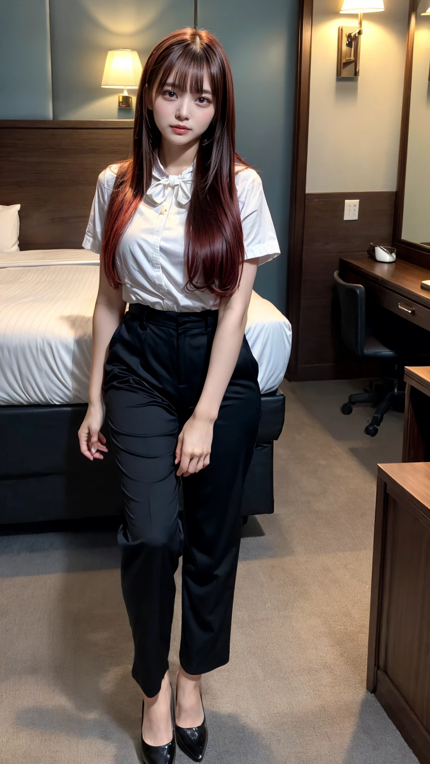 Highest quality、Ultra-high resolution、Professional Lighting、Detailed Background、hotel room、full body,Kobeni-chan、crying a little、25-year-old woman、beautiful girl、(Kobeni-chan、Jet black hair, Black Hair, bangs, One-sided hair,)、(Red Hair Clip:1.1)、(White shirt:1.2)+(Black tie:1.2)+(black long pants for work:1.2)、(Huge breasts that look like they might burst:1.2)、(Big thighs:1.1)、Are standing、Model pose