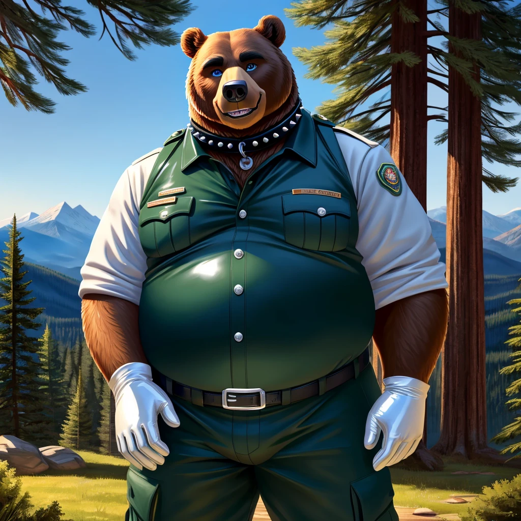 solo, full body, Male, fat, extremely obese, Bear, park ranger, trousers, outdoor, park ranger uniform, collared shirt with buttons, blue eyes, (soft shading), 4k, hi res, ((detailed face, detailed)), looking at viewer, evil grin, Bear is wearing the collared shirt and leather collar at the same time, Bear is wearing a glossy leather dog collar around the neck with silver studs around the collar, Bear is wearing white rubber gloves on the hands, white rubber gloves on the feet, gloves are rubber in texture, leather collar is shiny, leather collar is extremely detailed, rubber gloves are glossy, Evergreen pine forest and mountains national park in the background, Environmental protection area.