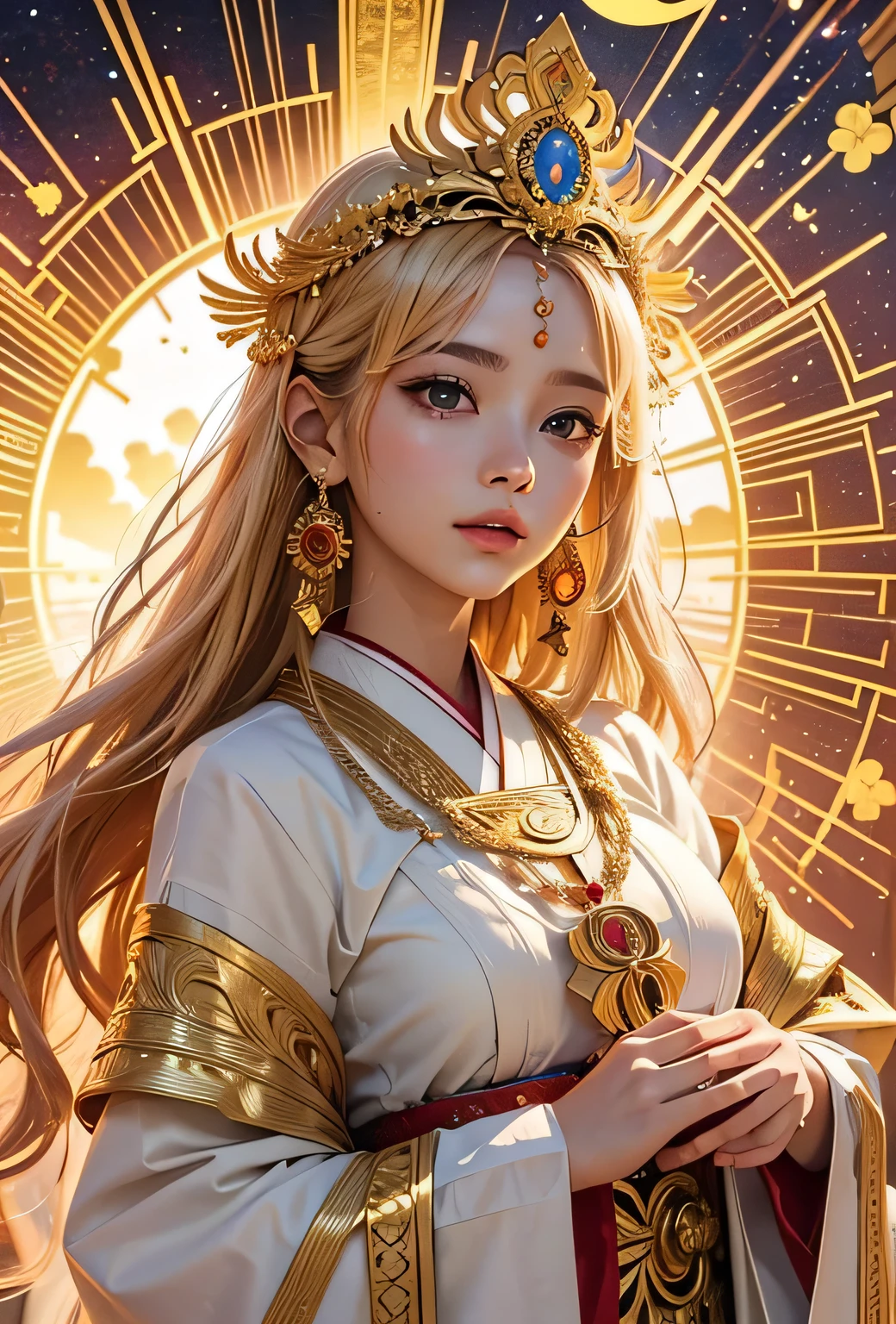 "Child of the Sun, Goddess of Love": Within a sacred sanctuary bathed in sunlight, depict the figure of a sun goddess who governs love, facing forward and emanating divine radiance. She is a , around 3 years old. Zoom in to focus on her face, with a gleaming orb of light in her hands, representing the life-giving power of the sun. Her hair is shimmering gold, and she is wearing a traditional miko outfit as seen in Japanese shrines. The background should be predominantly gold, evoking a sense of divine splendor, with numerous heart-themed objects expressing the beauty of love. The setting is in heaven, enveloped in soft, bright light, where one can find tranquility and peace of mind, free from any trace of anxiety.Straight-on.