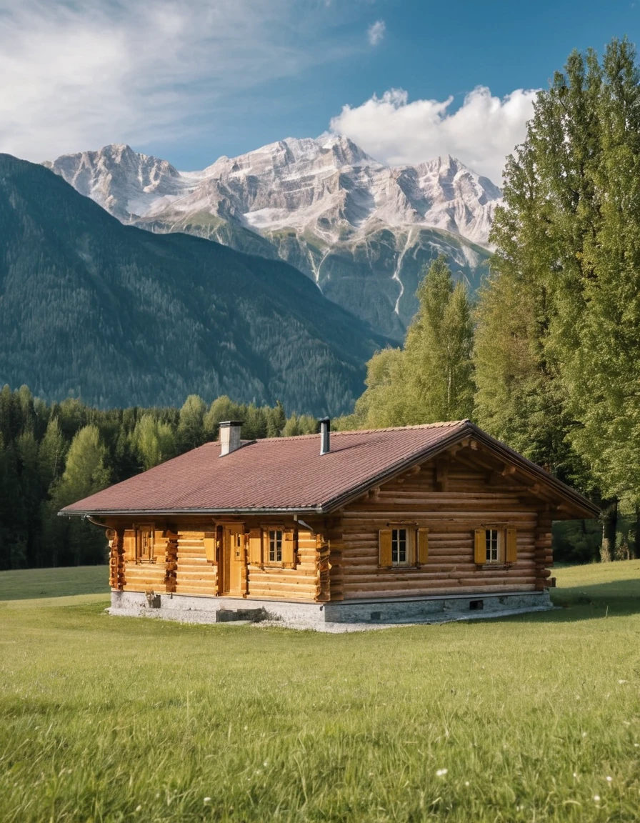arafed log cabin with a mountain in the background, log cabin beneath the alps, cabin in the woods, wood cabin in distance, log cabin, log homes, cabin, peaceful environment, integrated in the mountains, solitary cottage in the woods, a brick cabin in the woods, setting in nature, wooden cottage, all in the amazing outdoors view, old cabin