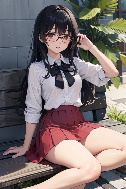 Highest quality、masterpiece、High sensitivity、High resolution、Detailed Description、Slender women、Middle-aged woman、Glasses、Skirt flip、Thin thighs、Sit on the ground、