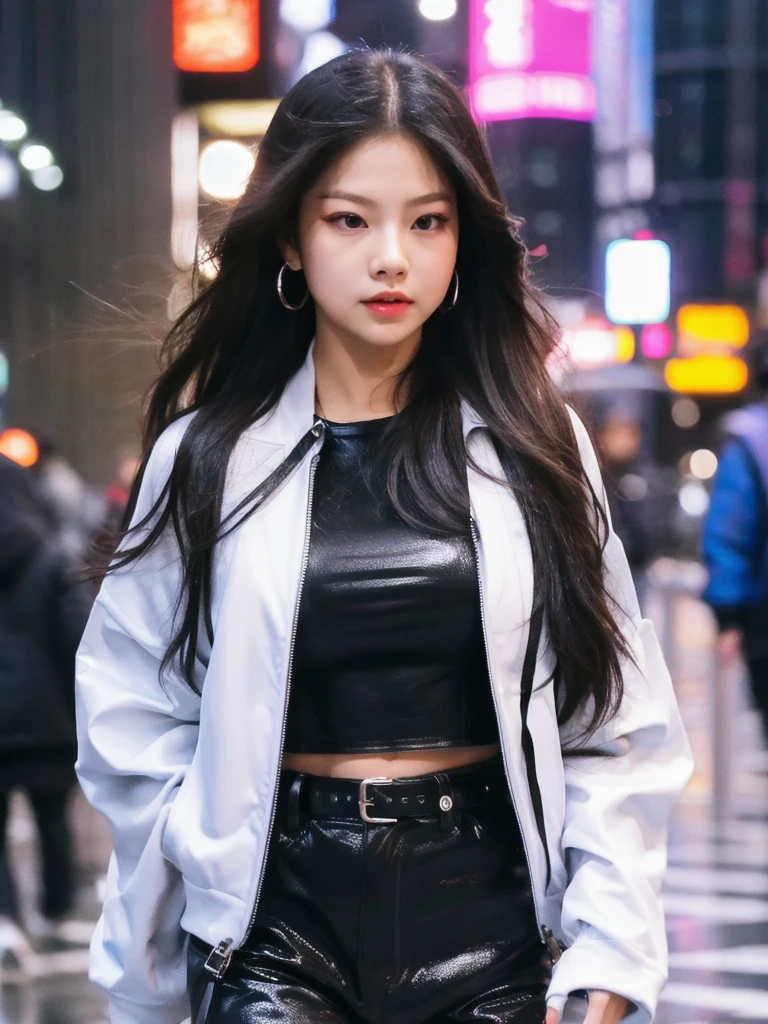 (Jennie Kim), the iconic BLACKPINK rapper and singer, with swollen lips, thick and fleshy, sparkles of your lip gloss, is in Seoul on a rainy day. Despite the downpour, she radiates confidence and style as she walks through the city&#39;s busy streets. Her black trench coat matches perfectly with her transparent umbrella., creating a sleek, modern silhouette. Her black hair is wet and stuck to her face, but this only serves to enhance your natural beauty. A faint smile plays on his lips, as she observes the world around her with an air of mystery. City lights flicker and reflect in puddles of water, creating a vibrant and lively urban setting. Foco nos lábios carnudos, foco no rosto, foco na roupa.