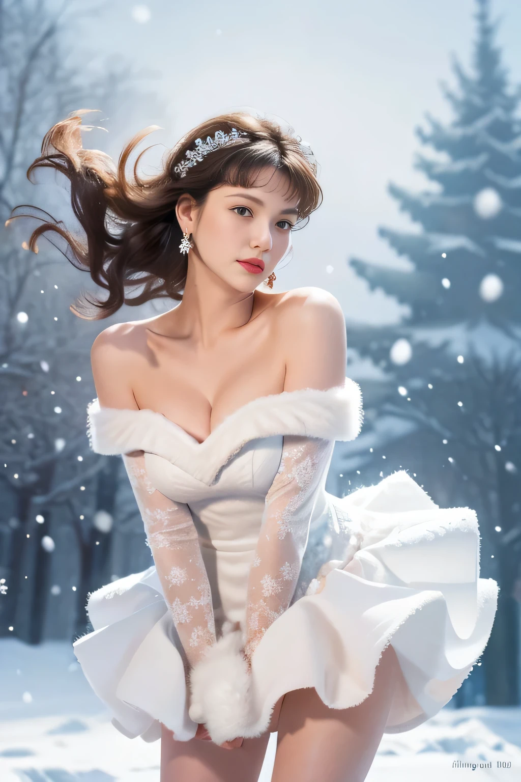 masterpiece、qualthaty、Super detailed、marilyn tag,Pay attention to more than just the thighs,pretty face,(Best qualthaty at best), beautiful girl:1.5、red fluffy off shoulder dress sig style,long hair fluttering,Snowflake earrings、that'It's snowing、blurry、Snow World
