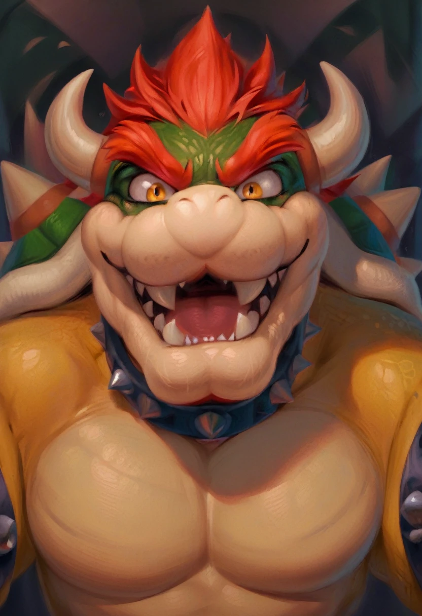 score_9, score_8_up, score_7_up, solo, looking at viewer, open mouth, 1boy, yellow eyes, male focus, red hair, horns, teeth, collar, no humans, fangs, sharp teeth, spikes, realistic, scales, bowser