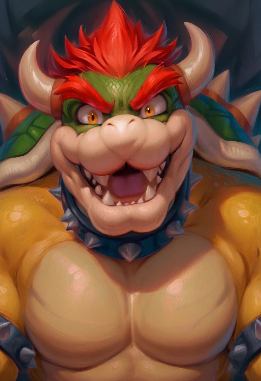 score_9, score_8_up, score_7_up, solo, looking at viewer, open mouth, 1boy, yellow eyes, male focus, red hair, horns, teeth, collar, no humans, fangs, sharp teeth, spikes, realistic, scales, bowser