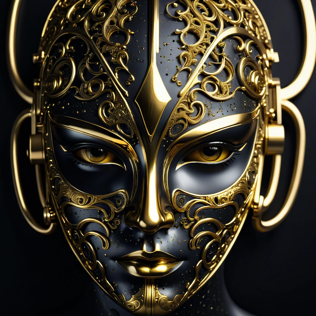 close -up of a golden mask on a black background, gold and black metal, portrait of a metal face, abstract 3d work of art, gloomy, but detailed digital art, saturated with black and gold, golden mask, 3d digital art 4k, abstract face, gold and steel are intricate, complex face, the face dissolves in the universe, metal mask, medium_shot, (wide_shot:1.1), (fully included in the frame:1.4), (gallery of the golden hour:1.2), deep black, (midjourney style:1.3), RAW, UHD, ultra-detailed, macroscopic detail, high-resolution professional photography, (futuristic patterns many small details:1.1), (golden chrome:1.3), (full shot:1.7)